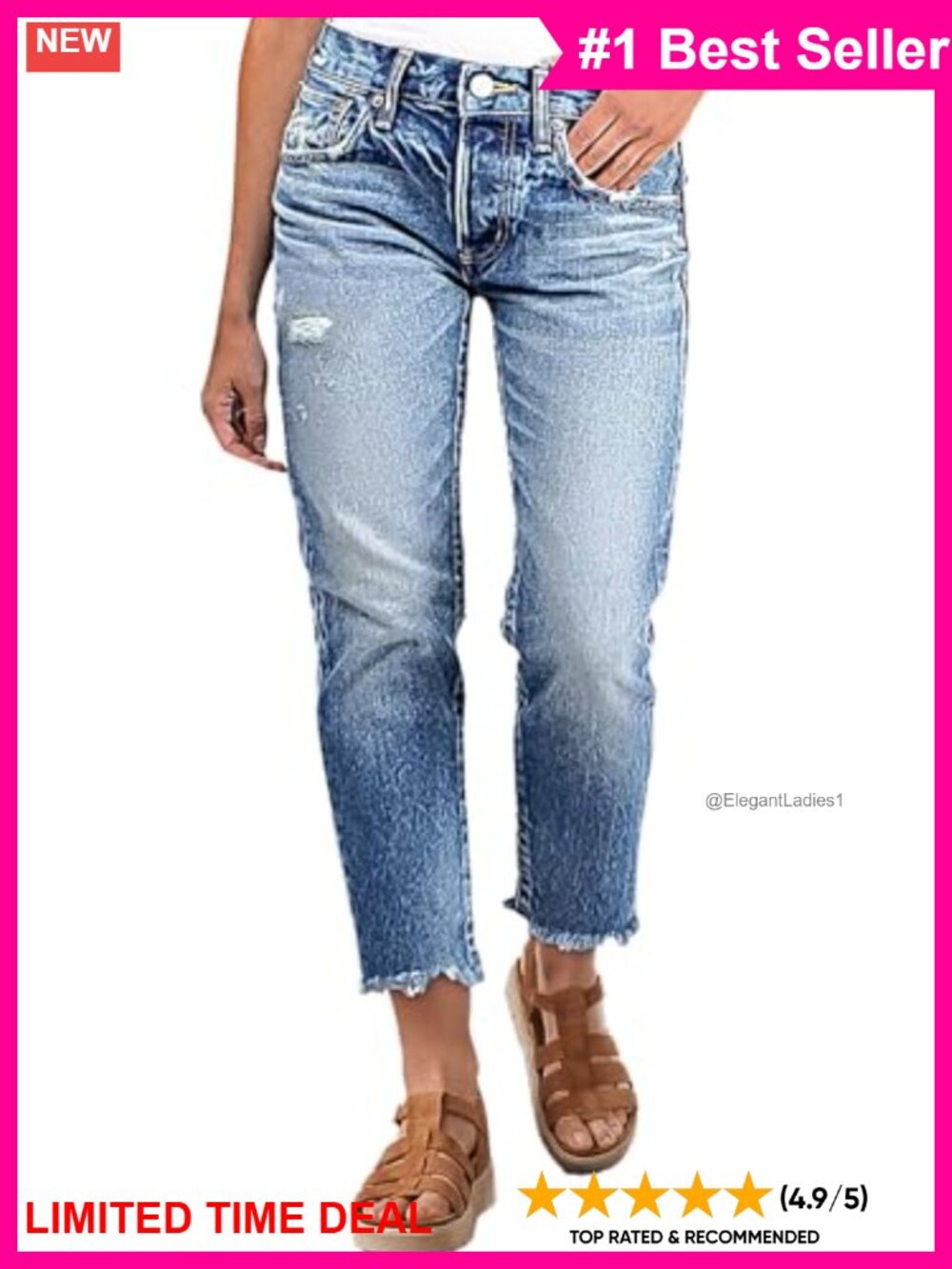 Mid Rise Distressed Raw Hem Straight Leg Cropped Jeans Casual Summer Pants